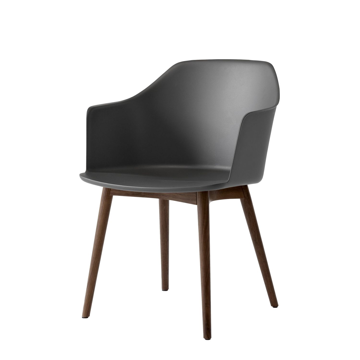 Grauer Rely Stuhl mit Armlehnen und Holzbeinen von AndTradition, moderner Designstuhl für Wohnzimmer.